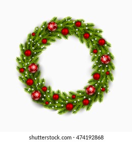 Vector christmas wreath with red ornaments.