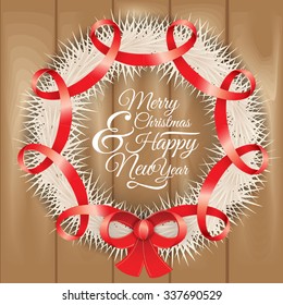 Vector Christmas Wreath with red ribbon and bow. Vector wooden texture as background. Web banner or greeting card