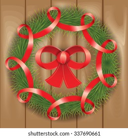 Vector Christmas Wreath with red ribbon and bow. Vector wooden texture as background. Web banner or greetting card.