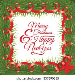 Vector Christmas Wreath with red ribbon. Fir tree branches in the shape of Square. Vector card.
