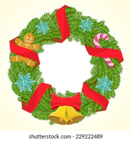 vector Christmas wreath with red ribbons candle and snowflakes