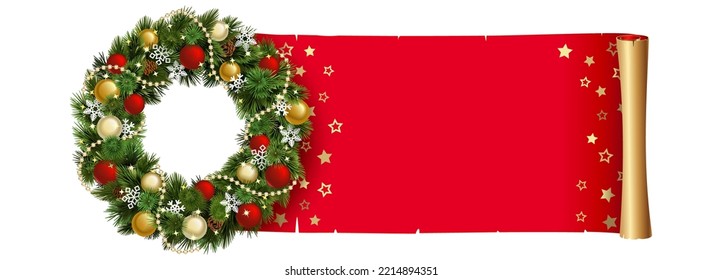 Vector Christmas Wreath with Red Scroll isolated on white background