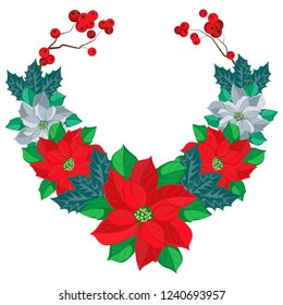 Vector christmas wreath of red and white poinsettia and holly on a transparent background