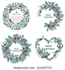 Vector christmas wreath set with holly hand drawn circle background with plant for greeting card