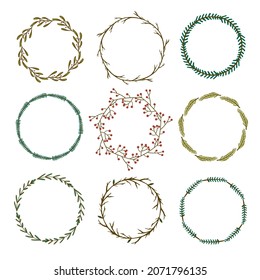 Vector Christmas wreath. Set of nine floral wreaths for Christmas isolated on white. 