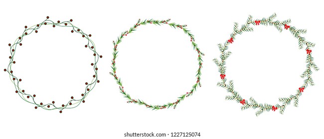 Vector Christmas wreath set with winter floral elements. Season greeting card. Vector illustration