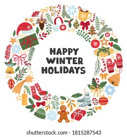 Vector christmas wreath template. Hand draw frame. Use it as invitation, greeting card, poster, banner, Social Media design post, flyer, cover, placard, brochure and other graphic design