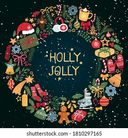 Vector christmas wreath template with lettering Holly Jolly. Hand draw frame. Use as invitation, greeting card, poster, banner, Social Media design post, placard, brochure and other graphic design