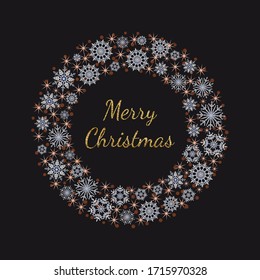 Vector Christmas wreath with white snowflakes and golden glittering traditional greeting on dark background.