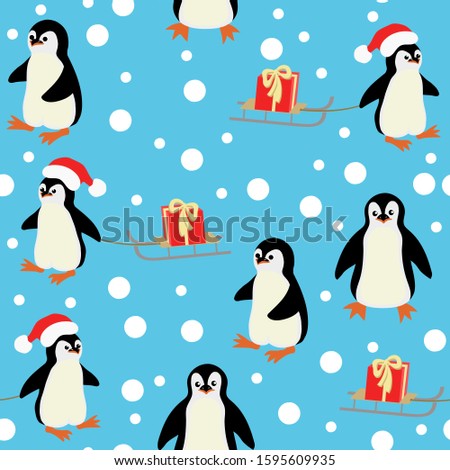 Vector of Christmas,New year seamless pattern with cute pinguins,sledge,gifts box and snowfall
