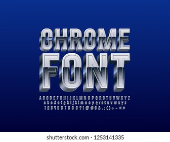 Vector Chrome 3D Font. Silver exclusive Alphabet Letters, Numbers and Symbols.