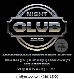 Conjunto de alfabetos de cromo vectorial con logotipo para discoteca. La fuente plateada contiene el estilo gráfico