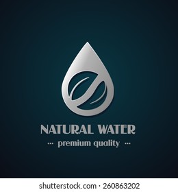 Vector chrome drop symbol with leaf on dark background, natural label for mineral water