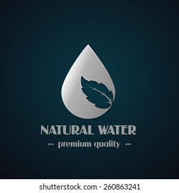 Vector chrome drop symbol with leaf on dark background, natural label for mineral water