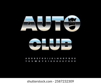 Vector Chrome emblem Auto Club with Cool Emblem. Reflective Silver Font. Metallic set of Alphabet Letters and Numbers