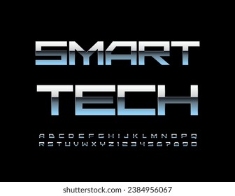 Vector chrome Emblem Smart Tech. Reflective Silver Font. Metallic Alphabet Letters and Numbers set