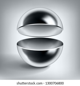 Vector chrome hollow sphere, open glossy metal ball, abstract object for you project design