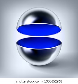Vector chrome hollow sphere, open glossy metal ball, blue inside, abstract object for you project design