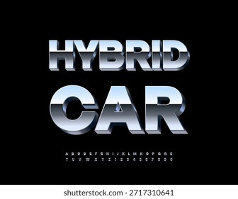 Vector Chrome icon Hybrid Car. Silver Shiny Font. Industrial set of 3D Alphabet Letters, Numbers and Symbols.