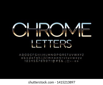 Vector Chrome Letters, Numbers and Symbols. Thin elegant Alphabet. Metallic reflective Font