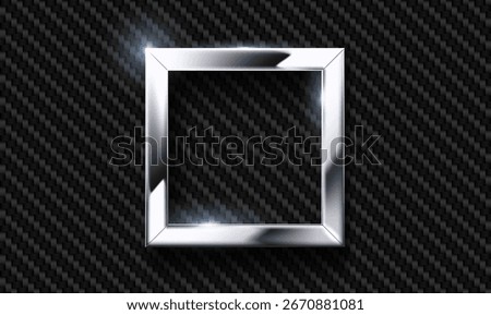 Vector chrome metal square frame on carbon fiber material tech background. Stainless steel, shiny silver metallic rectangular frame. Industrial wallpaper