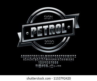 Vector chrome Petrol sign with Font. Silver Alphabet Letters, Numbers and Symbols