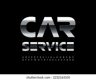 Vector chrome sign Car Service. Bright metallic Font. Steel Alphabet Letters and Numbers set