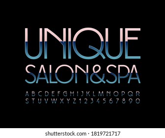 Signo de cromo vectorial Salón Único & Spa. Plata elegante Font. Letras y números de alfabeto metálico con efecto de gradiente