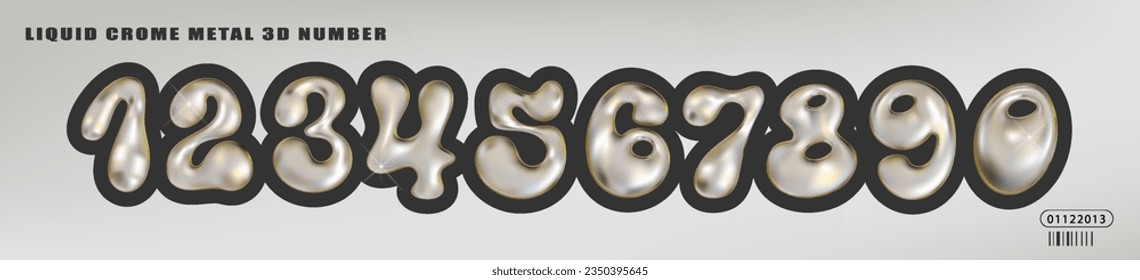 Vector Chrome Y2K NUmber. Trendy font with glossy liquid metal effect, perfect for your web and print projects