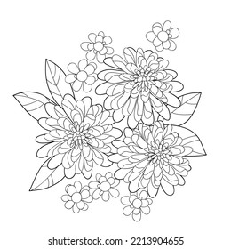 página de coloración de crisantemo vectorial, decoración de contorno de flores orientales y hojas, libro de coloración de ramos para adultos
