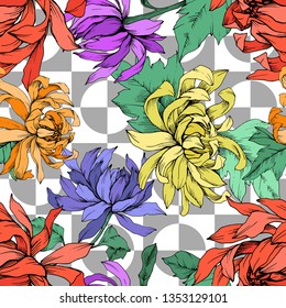 Vector Chrysanthemum floral botanical flowers. Wild spring leaf wildflower isolated. Engraved ink art. Seamless background pattern. Fabric wallpaper print texture.