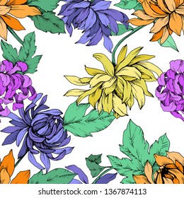 Vector Chrysanthemum floral botanical flowers. Wild spring leaf wildflower isolated. Engraved ink art. Seamless background pattern. Fabric wallpaper print texture.