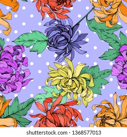 Vector Chrysanthemum floral botanical flowers. Wild spring leaf wildflower isolated. Engraved ink art. Seamless background pattern. Fabric wallpaper print texture.