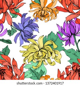 Vector Chrysanthemum floral botanical flowers. Wild spring leaf wildflower isolated. Engraved ink art. Seamless background pattern. Fabric wallpaper print texture.
