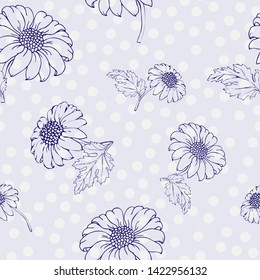 Vector chrysanthemum. Seamless pattern of golden-daisy flowers.  Monochrome template for floral decoration, fabric design, packaging or clothing. Polka dot blue background