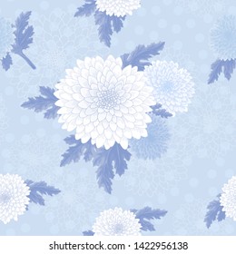 Vector chrysanthemum. Seamless pattern of golden-daisy flowers.  Monochrome template for floral decoration, fabric design, packaging or clothing. Polka dot blue background