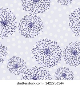 Vector chrysanthemum. Seamless pattern of golden-daisy flowers.  Monochrome template for floral decoration, fabric design, packaging or clothing. Polka dot blue background