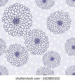 Vector chrysanthemum. Seamless pattern of golden-daisy flowers.  Monochrome template for floral decoration, fabric design, packaging or clothing. Polka dot blue background