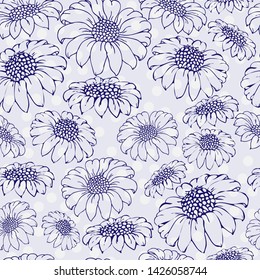 Vector chrysanthemum. Seamless pattern of golden-daisy flowers.  Monochrome template for floral decoration, fabric design, packaging or clothing. Polka dot blue background