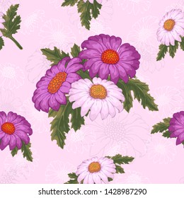 Vector chrysanthemum. Seamless pattern of golden-daisy flowers.  Template for floral decoration, fabric design, packaging or clothing.