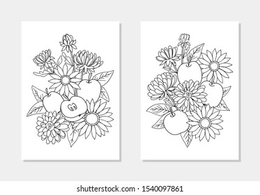 vector chrysanthemums daisy apple fruir flower bouquet outline illustration for coloring