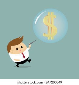 Vector of Chubby Businessman with needle ready to pop the dollar bubble. Business concept for Stock market bubble , economic bubble