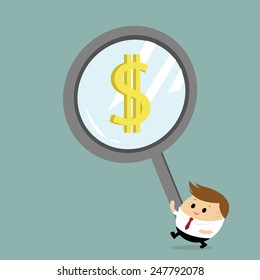 Vector of Chubby Businessman using magnifier to find the dollar sign concept finding the money