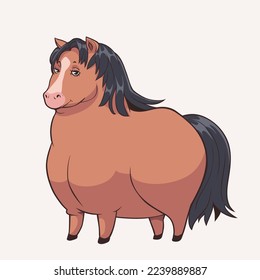 Vector chubby cute horse. Illustration of chunky brown horse a white mark on head and black tail