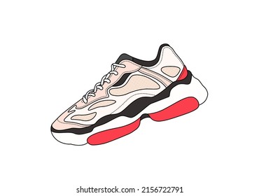 Vector Chunky Footwear Outline Sign. Sneakers Isolated, Side View. Woman Modern Shoe Illustration. Drawn Fashion Sketch