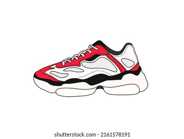 Vector chunky sneakers illustration isolated on white background. Colorful trainers side view. Trendy shoes symbol. Sport style footwear icon. Red, black, white colors shoe. Casual linear clothing