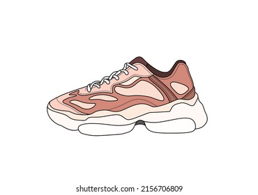 Vector Chunky Ugly Sneakers Side View. Linear Trendy Shoes Icon. Silhouette Fashionable Big Sneakers. Big Sole Shoe Symbol. Isolated Fashion Illustration