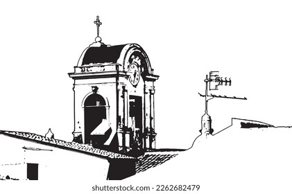 Vector of a church bell tower in Sicily, with cross and clock, standing between tiled roofs