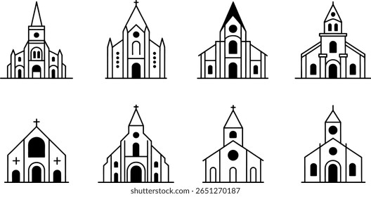 Ícones de igreja vetorial: arte de linha minimalista, design simples, símbolos religiosos.