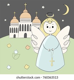 Vector church, temple, chapel with domes and crosses. Religion is Christianity Baptism. . Beautiful scenery and building at night. Moon, stars and angel. Illustration hand draw. Style doodle